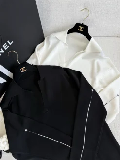 CHANEL Coats & Jackets Silk (White-Black) C00202606010564129