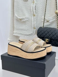 CHANEL Slides & Slippers Leather-Raffia (Beige-Black-Gold) EU35-39 B40202606030551109