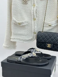 CHANEL Slides & Slippers Tweed-Leather (Black-White-Gold) EU35-39 B40202606030583109