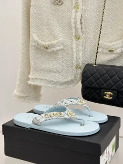 CHANEL Slides & Slippers Tweed-Leather (Light Blue-White-Gold) EU35-39 B40202606030585109