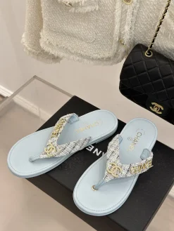 Alternative view of CHANEL Slides & Slippers Tweed-Leather (Light Blue-White-Gold) EU35-39 B40202606030585109