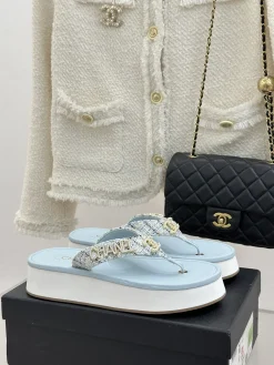 CHANEL Slides & Slippers Tweed (Light Blue-White-Gold) EU35-39 B40202606030584109