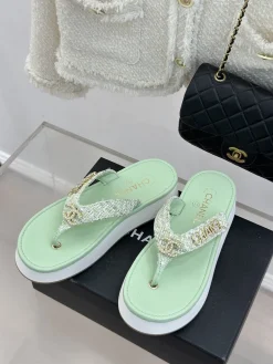 Alternative view of CHANEL Slides & Slippers Tweed (Light Green-White) EU35-39 B40202606030586109