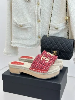 CHANEL Slides & Slippers Tweed-Rope (Red-White-Black) EU35-39 C00202606030590129