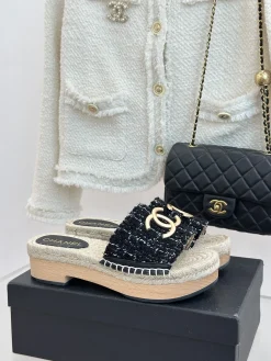 CHANEL Slides & Slippers Tweed-Wood-Rope (Black-Beige) EU35-39 C00202606030589129