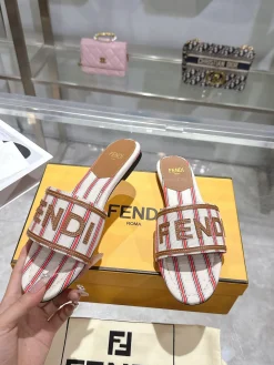 FENDI Slides & Slippers Canvas-Leather (White-Red-Brown) EU35-42 A8020260603096899