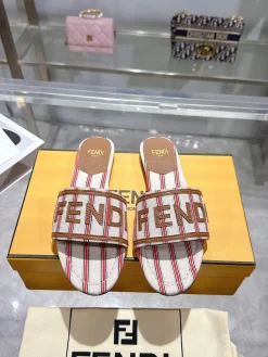 Alternative view of FENDI Slides & Slippers Canvas-Leather (White-Red-Brown) EU35-42 A8020260603096899