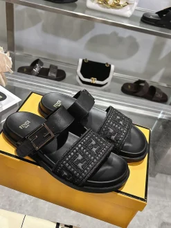 FENDI Slides & Slippers Leather-Canvas (Black-Grey) EU35-46 B30202606030962109
