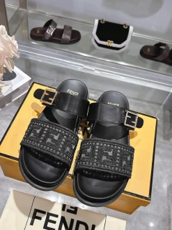 Alternative view of FENDI Slides & Slippers Leather-Canvas (Black-Grey) EU35-46 B30202606030962109
