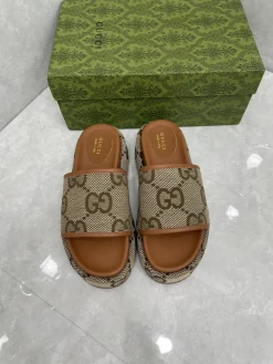 GUCCI Slides & Slippers Canvas-Leather (Brown-Beige) EU35-44 A8020260603126099