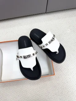 Alternative view of HERMES Slides & Slippers Leather (White-Black) EU35-45 B20202606031529109