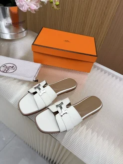 Alternative view of HERMES Slides & Slippers Leather (White-Brown-Silver) EU35-43 A5020260603159389