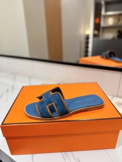 HERMES Slides & Slippers Suede-Leather (Blue-Brown) EU35-40 B60202606031616119