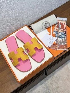 HERMES Slides & Slippers Suede-Leather (Yellow-Pink-Brown) EU35-43 B0020260603152899