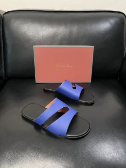 Alternative view of LORO PIANA Slides & Slippers Leather (Blue-Black) EU38-46 A8020260603179599