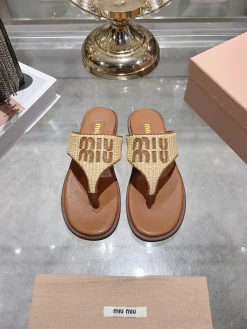 MIU MIU Slides & Slippers Raffia-Leather (Brown-Beige) EU35-41 B30202606032526109