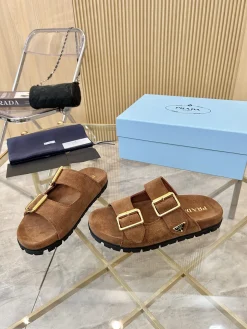 PRADA Slides & Slippers Suede (Brown-Black-Gold) EU35-42 B20202606032861109