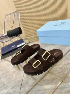 PRADA Slides & Slippers Suede (Brown-Gold-Black) EU35-42 B20202606032862109