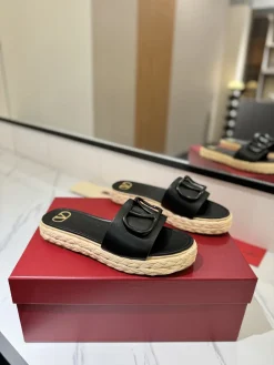 Alternative view of VALENTINO Slides & Slippers Leather-Raffia (Black-Beige) EU35-39 B40202606033535109