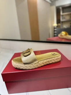 VALENTINO Slides & Slippers Leather-Raffia (Gold-Beige) EU35-39 B40202606033536109