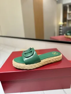 VALENTINO Slides & Slippers Leather-Raffia (Green-Beige) EU35-39 B40202606033537109