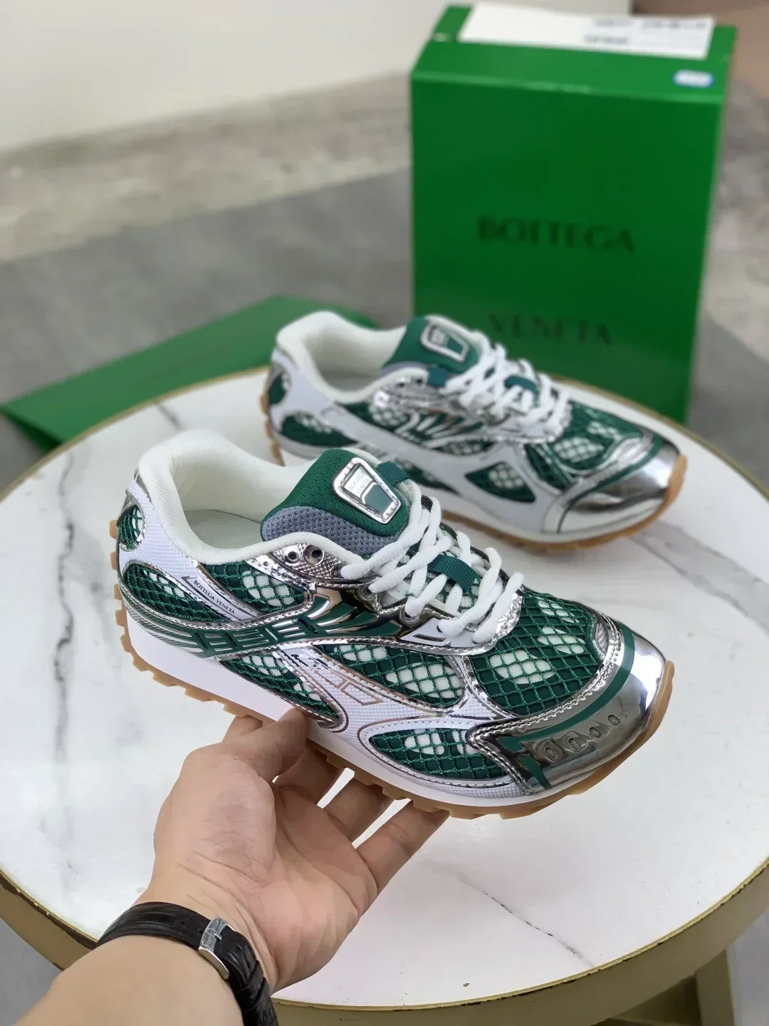 BOTTEGA VENETA Sneakers & Trainers Mesh Leather (Green-Silver-White) EU35-45 B40202607051015 - Image 9