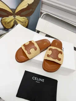 Alternative view of CELINE Slides & Slippers Raffia Calfskin (Brown-Beige) EU35-41 A80202607050715