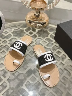 Alternative view of CHANEL Slides & Slippers Woven Fabric (Black-White-Beige) EU35-41 B50202607051199