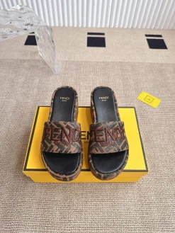 FENDI Slides & Slippers Canvas Leather (Brown-Black) EU35-41 A90202607050767