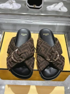 FENDI Slides & Slippers Canvas Leather (Brown-Black) EU35-42 A90202607050768