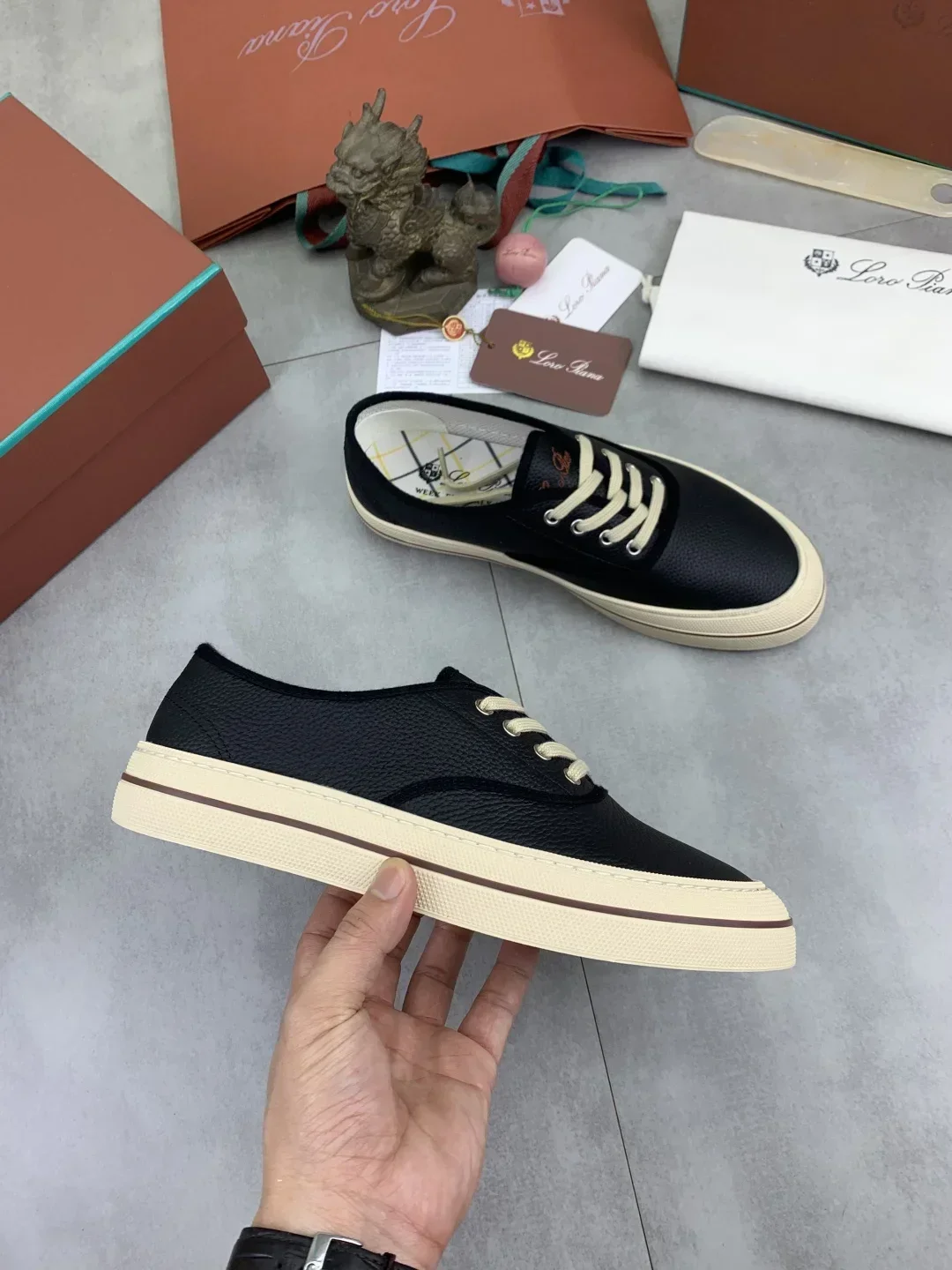 LORO PIANA Sneakers & Trainers Grained Leather (Black-Beige) EU38-46 B40202607051037 - Image 6