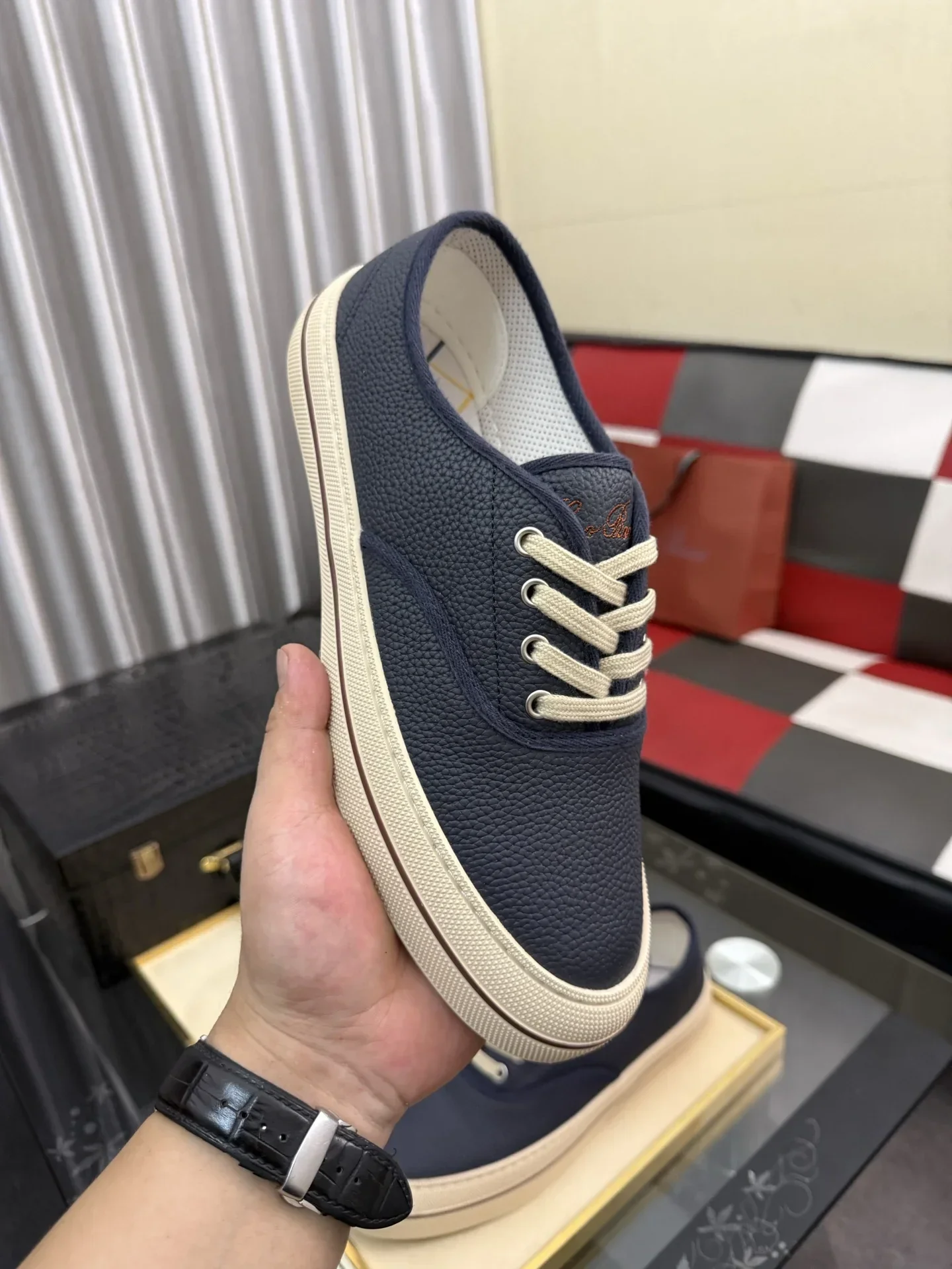 LORO PIANA Sneakers & Trainers Grained Leather (Navy Blue-White) EU38-44 B40202607051099 - Image 4