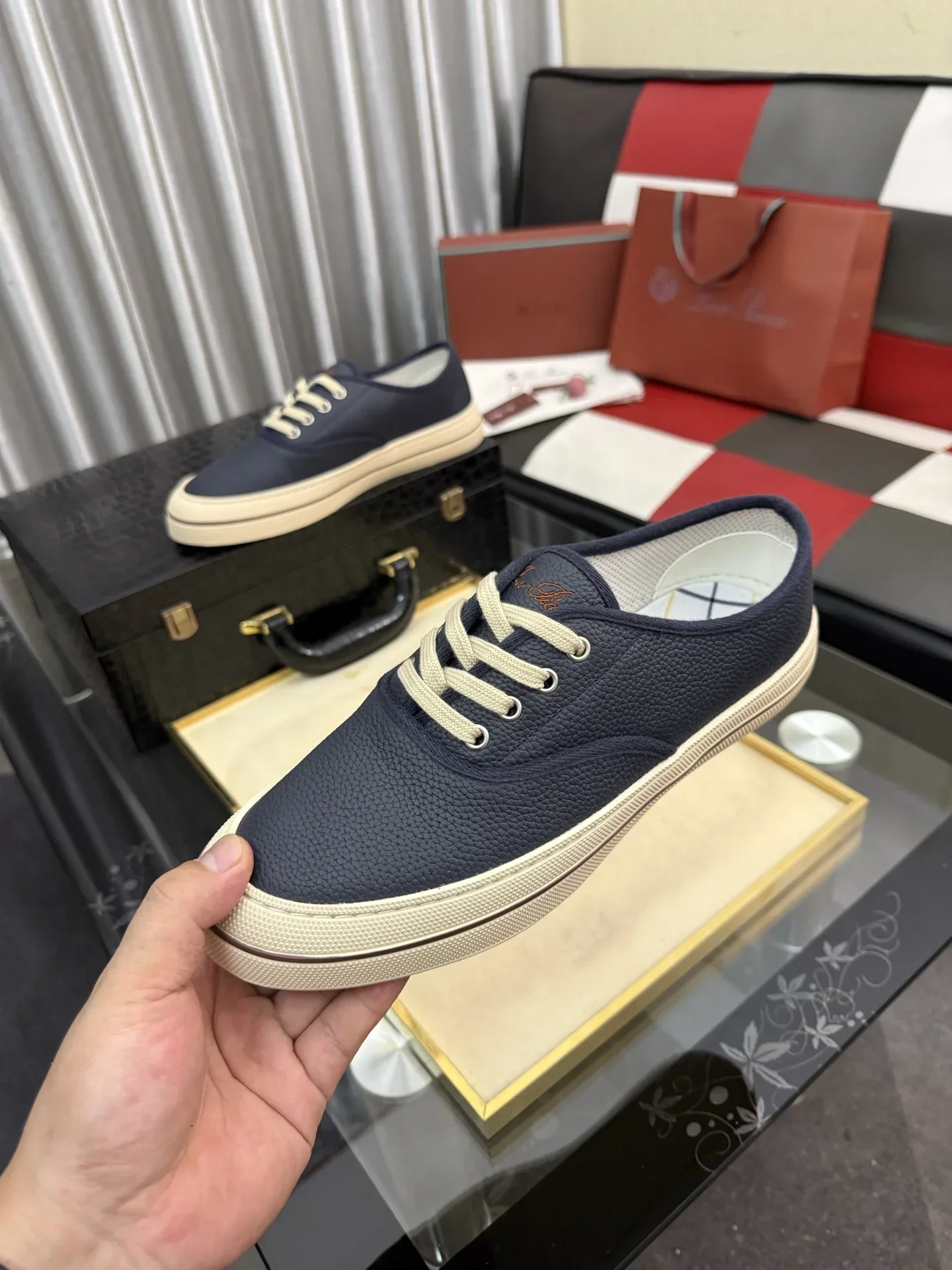 LORO PIANA Sneakers & Trainers Grained Leather (Navy Blue-White) EU38-44 B40202607051099 - Image 5