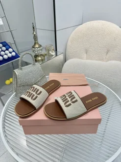 Alternative view of MIU MIU Slides & Slippers Canvas-Leather (Black-White-Brown) A50202607050679