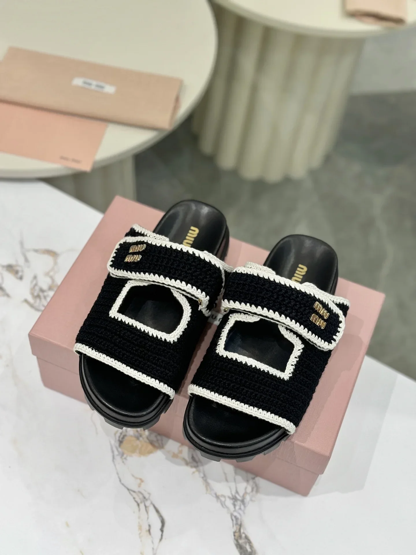 MIU MIU Slides & Slippers Fabric Rubber (Black-White) EU35-41 B50202607051182