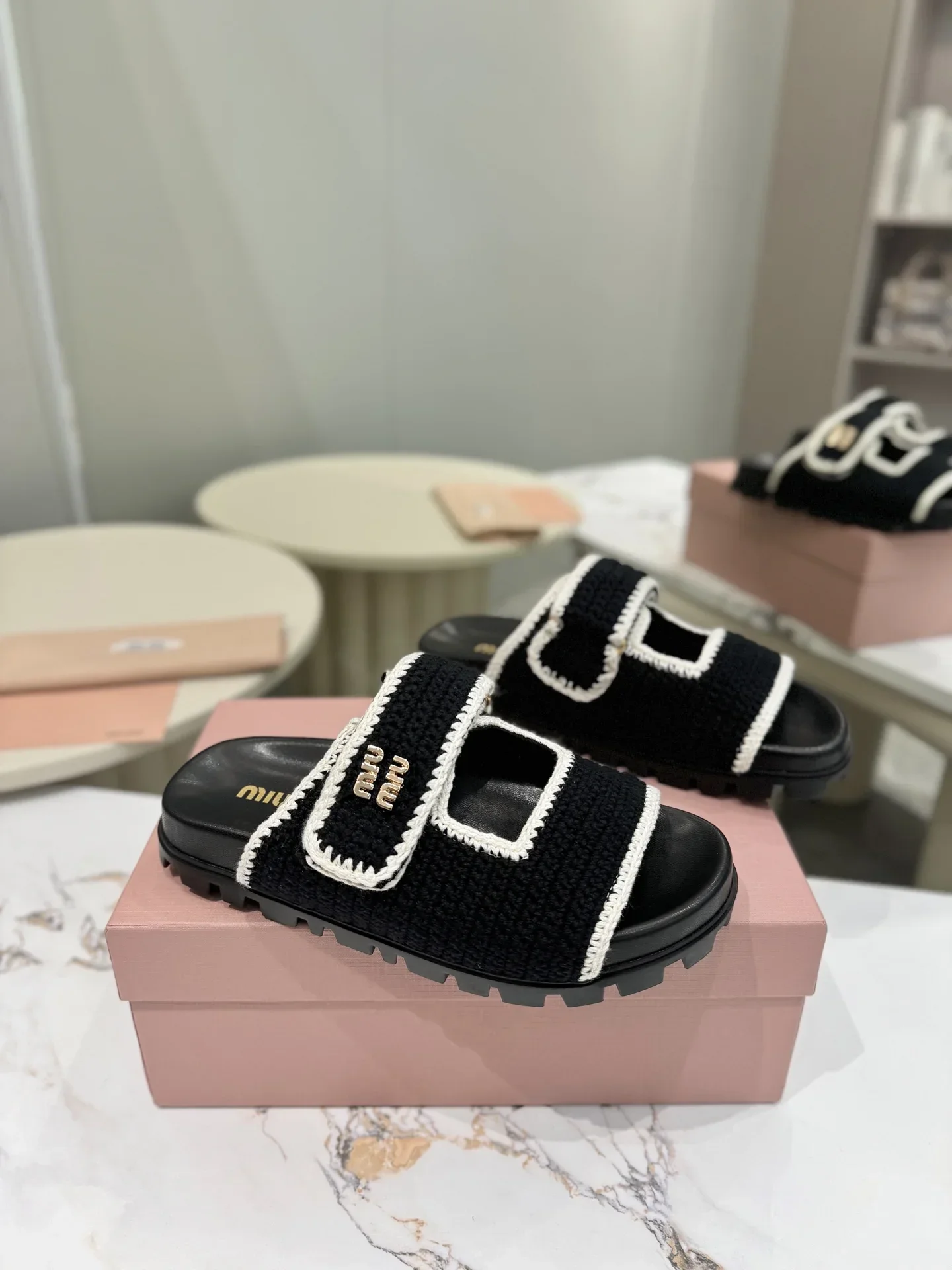 MIU MIU Slides & Slippers Fabric Rubber (Black-White) EU35-41 B50202607051182 - Image 3