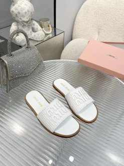 Alternative view of MIU MIU Slides & Slippers Leather-Raffia (White-Black-Brown) EU35-43 A50202607050680