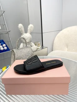 Alternative view of MIU MIU Slides & Slippers Leather-Raffia (White-Black-Brown) EU35-43 A50202607050683
