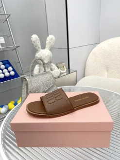 Alternative view of MIU MIU Slides & Slippers Leather-Raffia (White-Black-Brown) EU35-43 A50202607050684