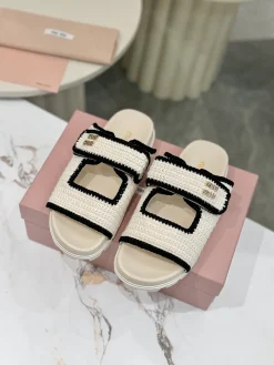 MIU MIU Slides & Slippers Woven Fabric (White-Black) EU35-41 B50202607051177