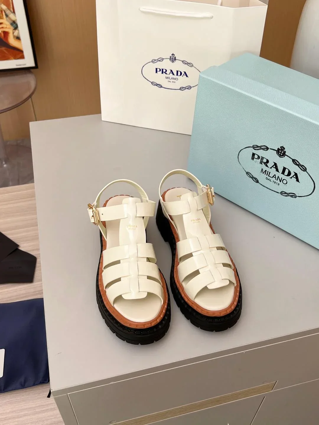 PRADA Sandals & Mules Calf Leather (White-Black-Brown) EU35-41 A90202607050555