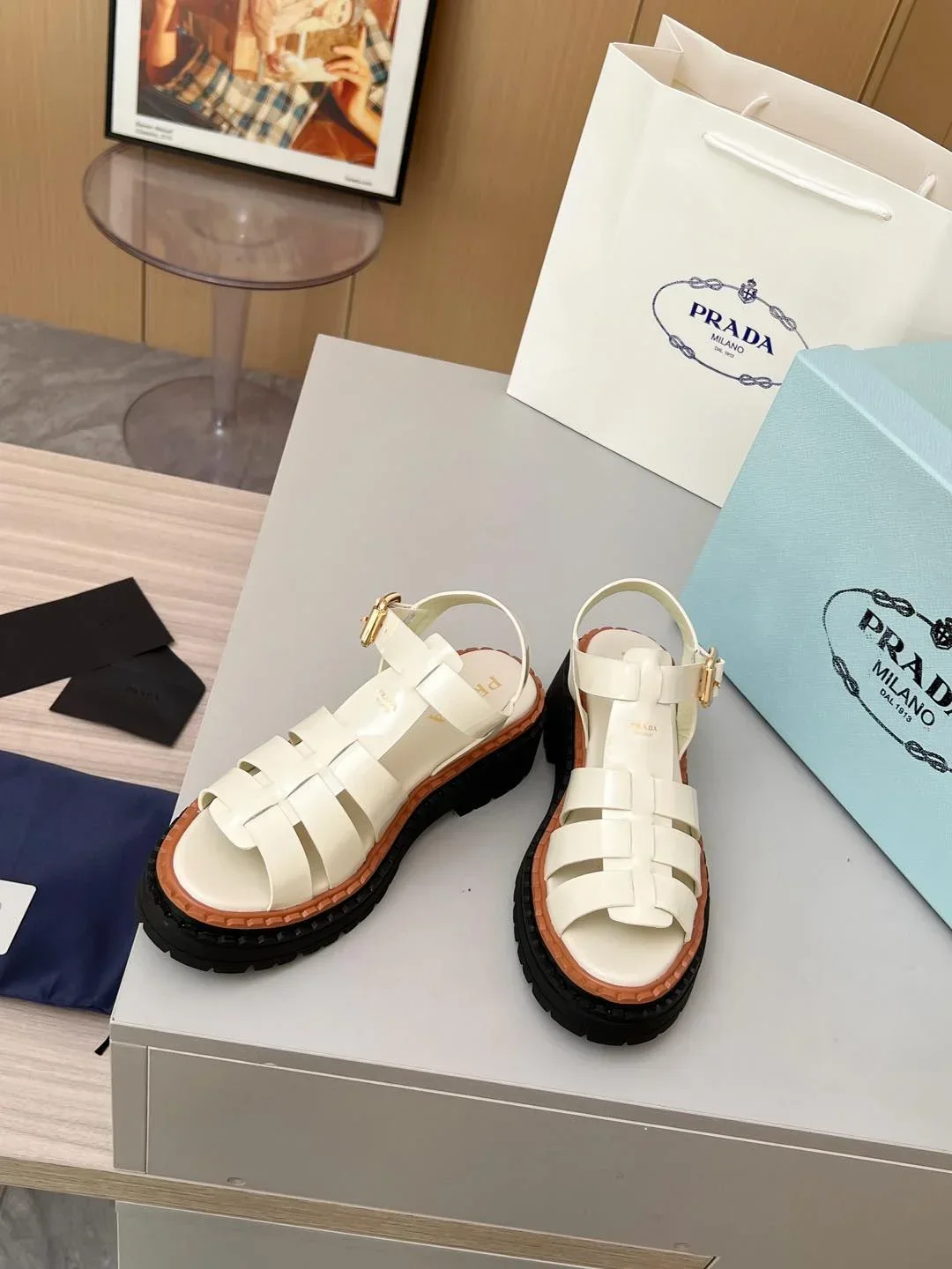 PRADA Sandals & Mules Calf Leather (White-Black-Brown) EU35-41 A90202607050555 - Image 2