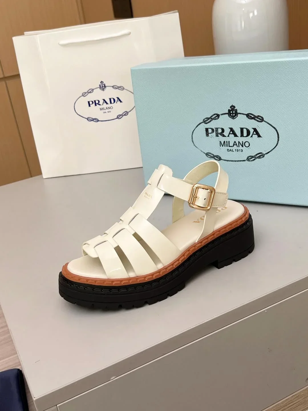 PRADA Sandals & Mules Calf Leather (White-Black-Brown) EU35-41 A90202607050555 - Image 3