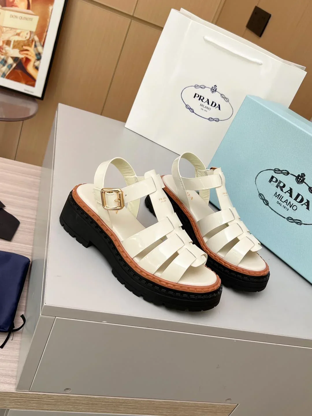 PRADA Sandals & Mules Calf Leather (White-Black-Brown) EU35-41 A90202607050555 - Image 4