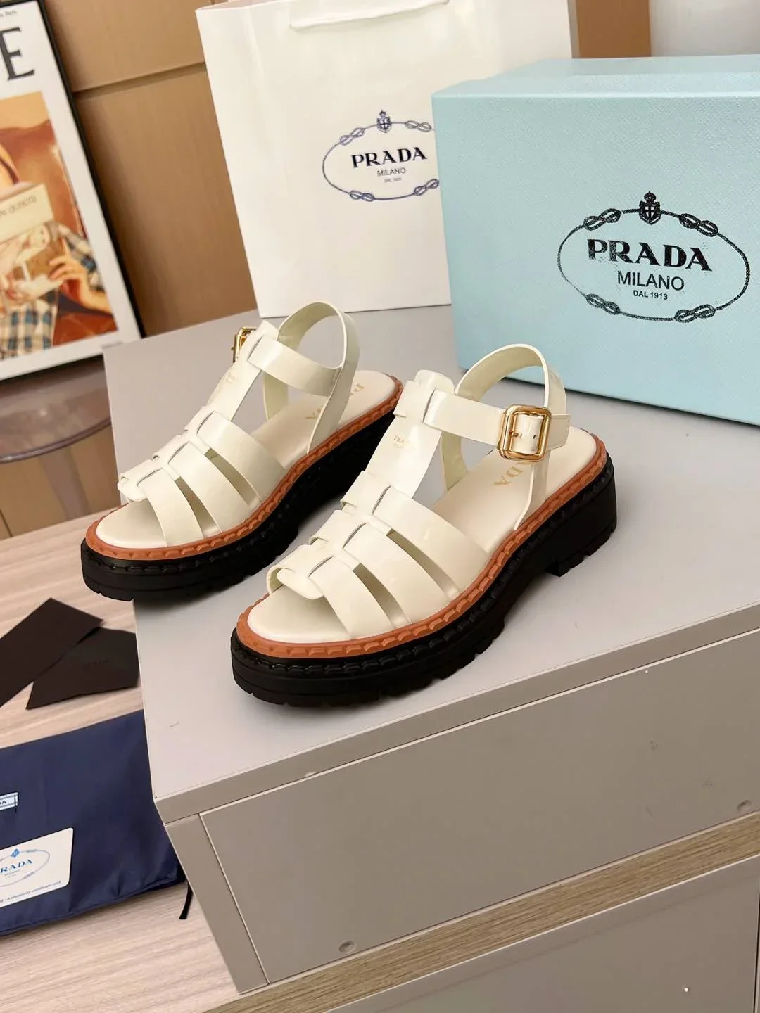 PRADA Sandals & Mules Calf Leather (White-Black-Brown) EU35-41 A90202607050555 - Image 5