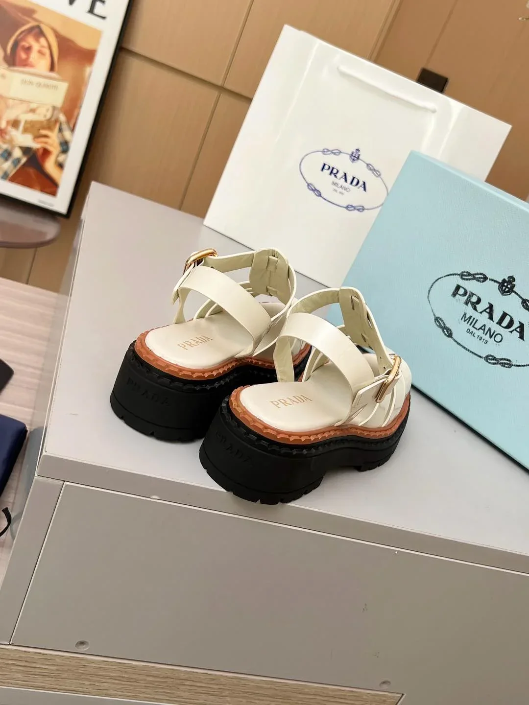 PRADA Sandals & Mules Calf Leather (White-Black-Brown) EU35-41 A90202607050555 - Image 6