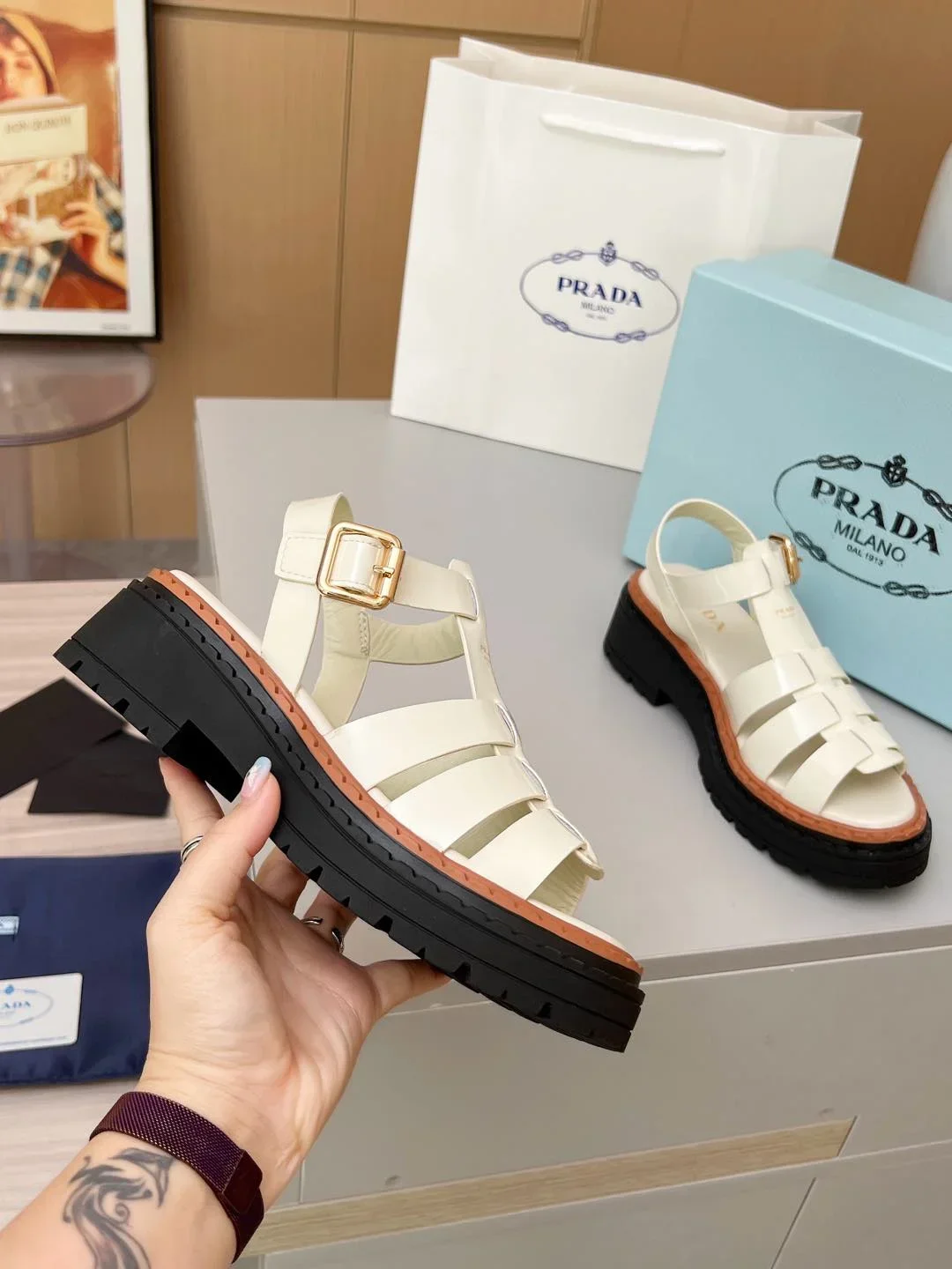 PRADA Sandals & Mules Calf Leather (White-Black-Brown) EU35-41 A90202607050555 - Image 7