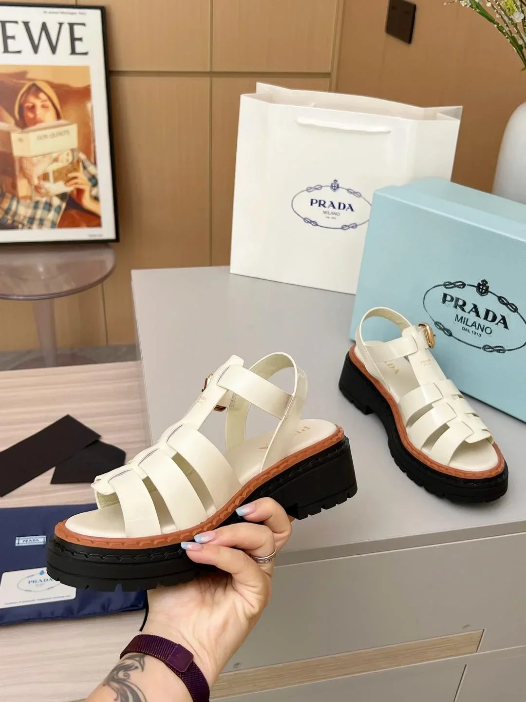 PRADA Sandals & Mules Calf Leather (White-Black-Brown) EU35-41 A90202607050555 - Image 8