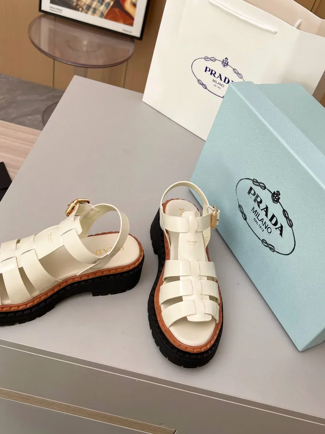 PRADA Sandals & Mules Calf Leather (White-Black-Brown) EU35-41 A90202607050555 - Image 9