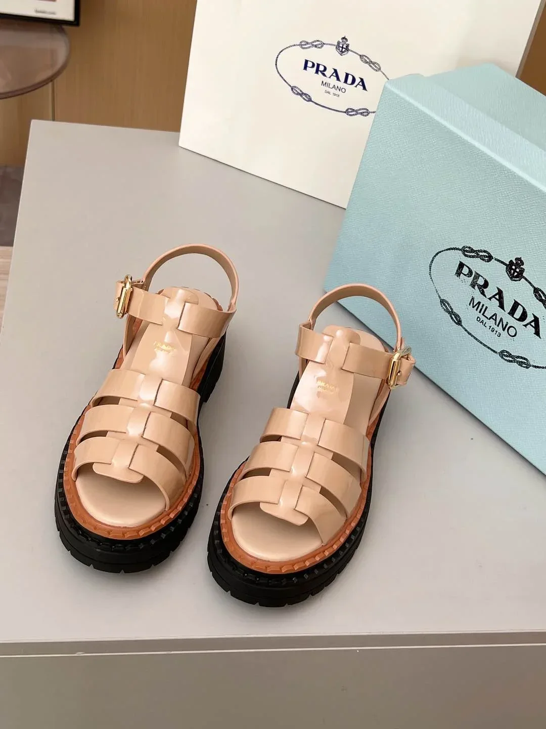 PRADA Sandals & Mules Patent Leather (Beige-Black-Brown) EU35-41 A90202607050556